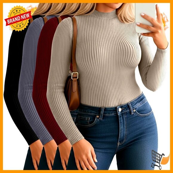 Tops - Plus Size Mock Turtleneck Thermal Fleece Ribbed Long Sleeve Fitted Shirts